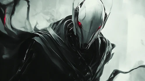 Midnight sentry robot strides forward with glowing red eyes