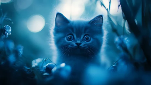Blue Kitten Among Luminous Garden Flowers.