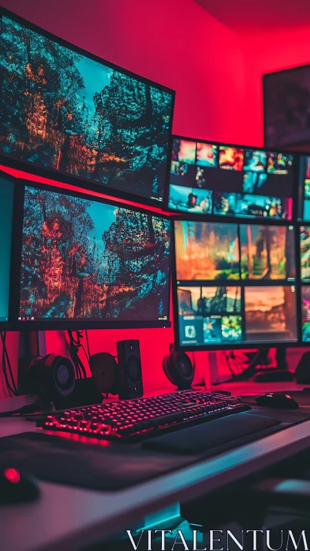 Neon command cockpit of screens, pixels, and late-night focus.