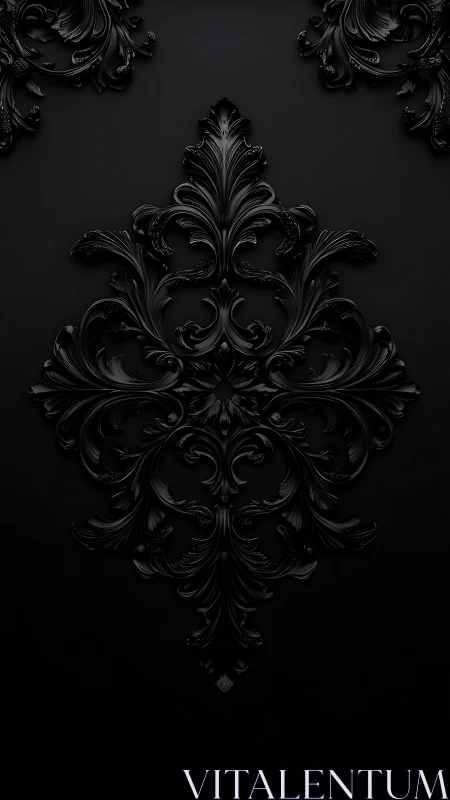 Ornate black baroque floral relief on dark background.