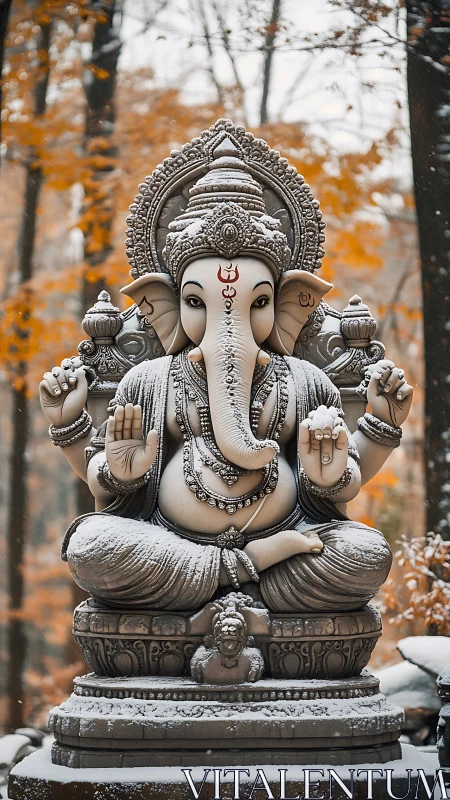 Stone Ganesha statue under first snowfall in autumn forest.
