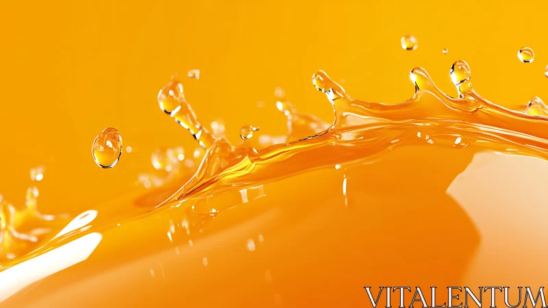 Orange liquid splash closeup with bright reflective droplets.
