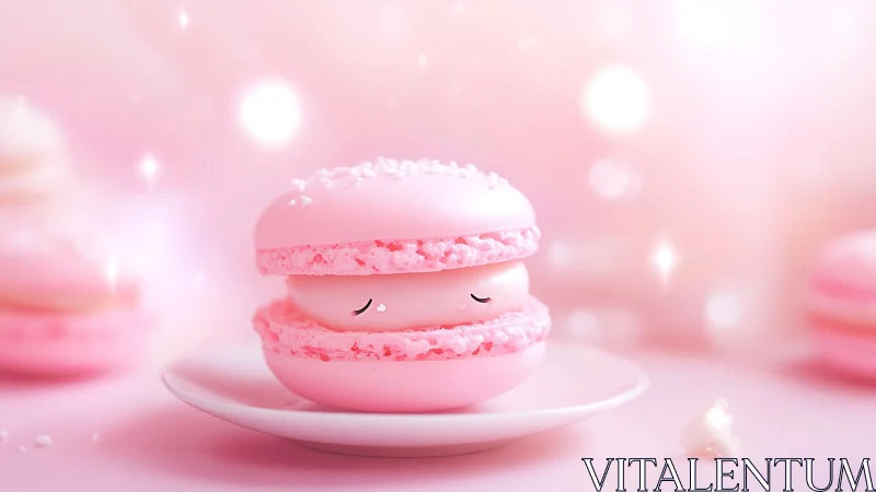 Anthropomorphic Pink Macaron with Serene Expression on White Plate