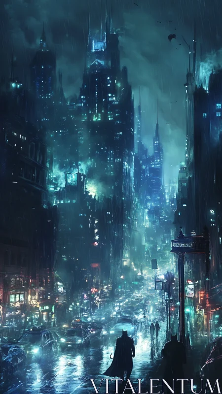 Rain-soaked neon Gotham avenue with silhouetted vigilante observer