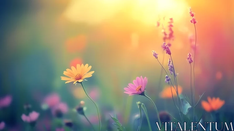 Dreamy Wildflower Meadow in Golden Hour Haze.