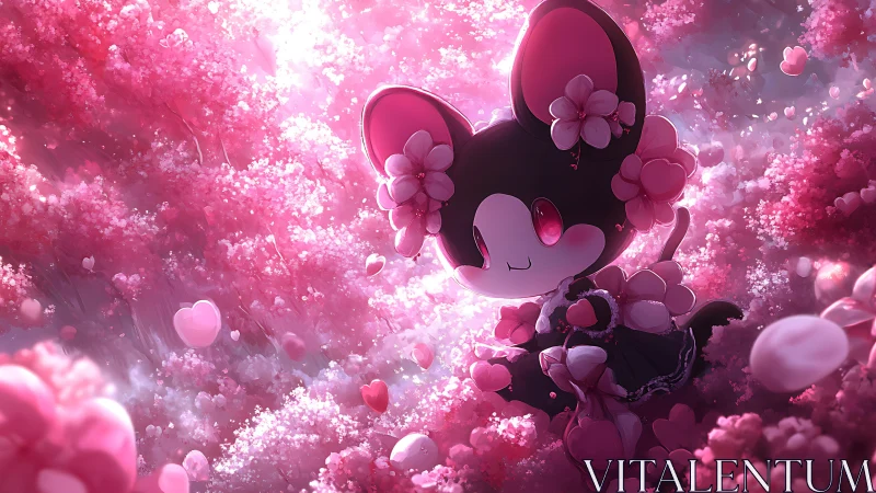 Stylized mouse character stands amid dense pink floral forms
