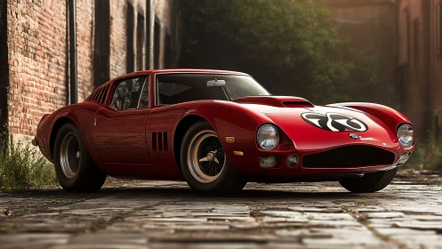 Crimson racing legend purrs along sunlit cobblestone street.