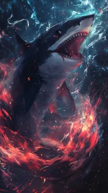 Furious shark erupts through swirling firelit ocean vortex