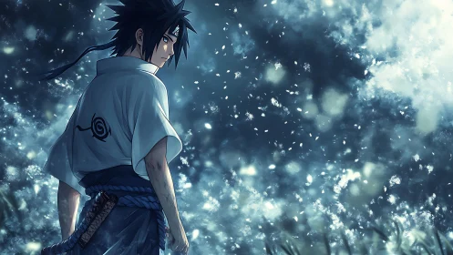 Moody anime swordsman in luminous storm-lit nightscape.