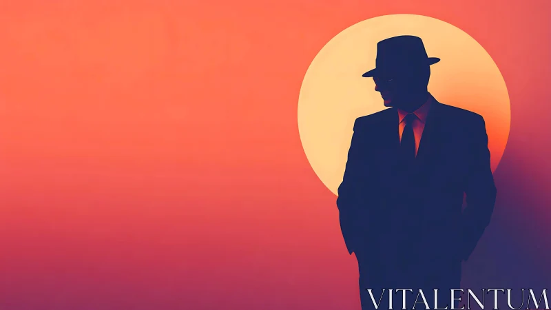 Silhouetted man in suit before large sun at sunset.