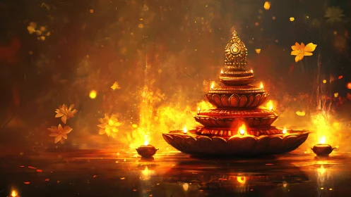 Golden temple lamps glow gently in a warm festive night