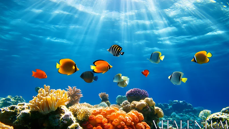 Sunlit coral reef fish glide through a crystal blue ocean