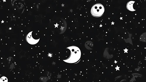 Monochrome pattern with crescent moons and cartoon stars.