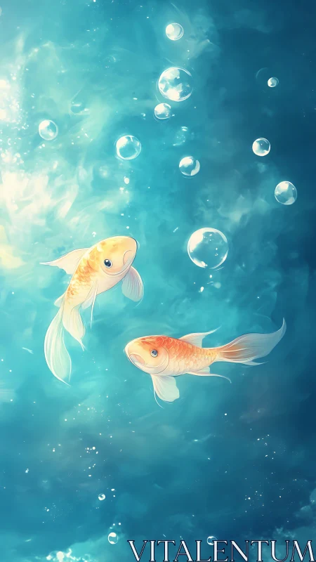 Koi pair rendered in translucent teal water with volumetric bubbles