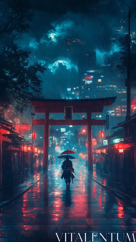 Midnight ronin threads neon rain beneath a towering torii
