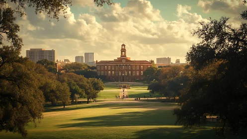 Sunlit collegiate lawn framing historic red-brick hall.