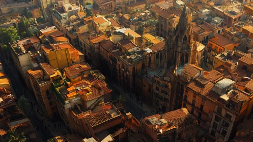 Sunlit terracotta roofs surround gothic city cathedral.