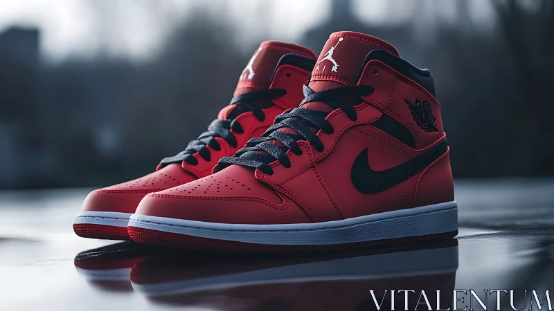 Red high-top sneakers stand bold against a moody urban glow