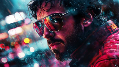 Neon soaked city lights glow around a reflective gaze at night