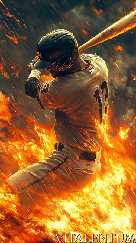 Baseball hitter engulfed in dynamic inferno brushwork.