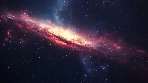 Glowing spiral galaxy drifts warmly through the silent night sky