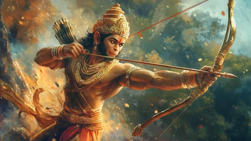 Dynamic warrior archer in mid-draw with ornate golden armor details