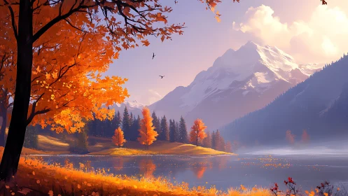 Autumn lake beneath snowcapped mountains at golden hour.