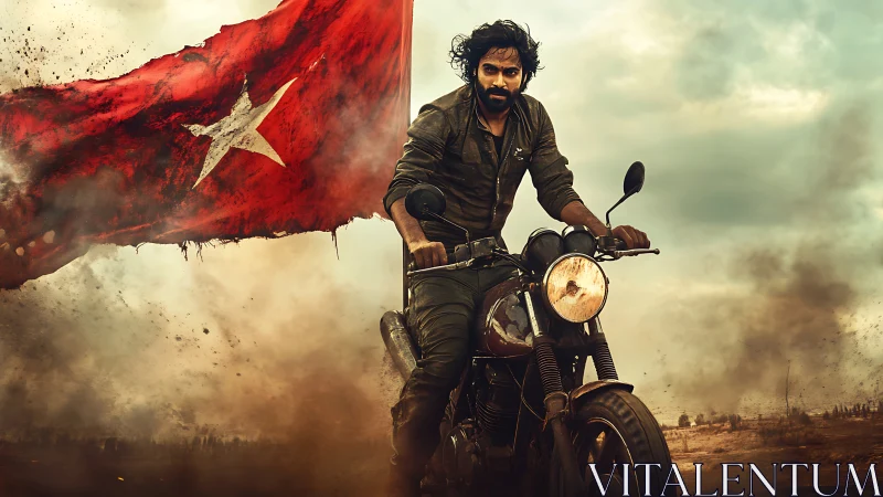 Motorcyclist in dusty landscape with large red flag backdrop.
