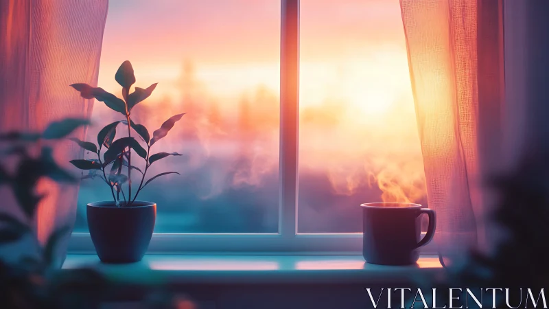 Soft sunrise window glow with steaming coffee and plant.