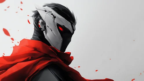 Masked cybernetic figure with red cape on pale background.