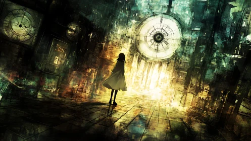 Solitary figure confronts luminous clockscape in warped corridor