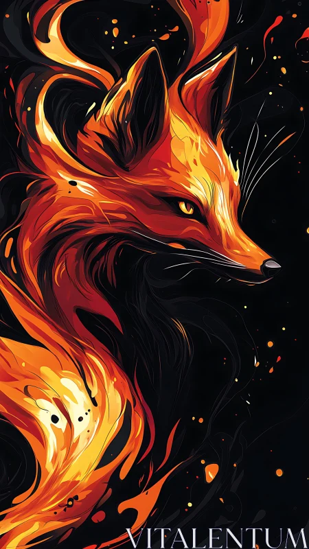Fiery fox spirit blazes through dark abstract shadows