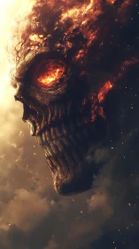 Gigantic burning skull emerging from dense atmospheric clouds.