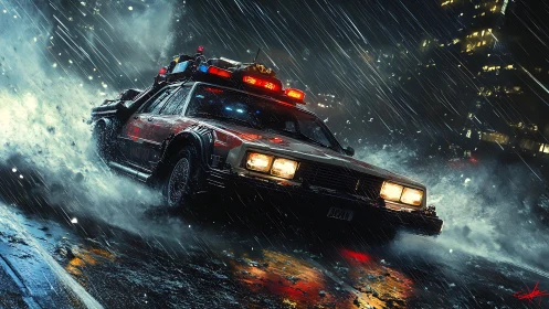 Futuristic police car skids through neon city rainstorm.