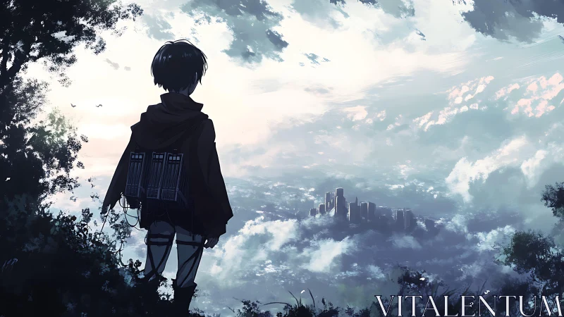 Skyline drifter boy scanning a dream-drowned cityscape.