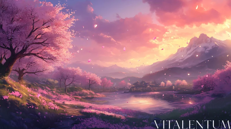 Sunset-lit sakura valley with reflective river and distant shrine