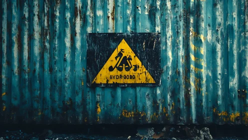Yellow warning sign mounted on rusted blue metal wall