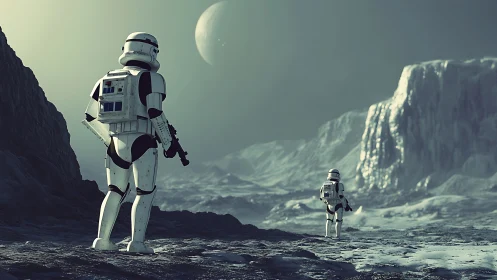 Armored soldiers explore icy alien landscape under moon