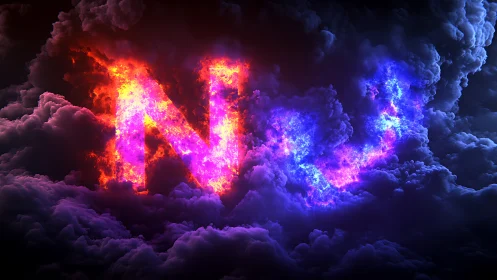 Neon NU letters ignite within stormy clouds of fire and light