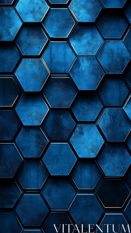 Offset blue hexagonal metal tiles create deep relief pattern