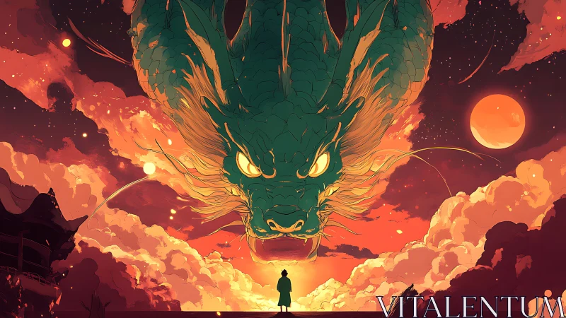 Colossal emerald dragon confronting lone figure at sunset
