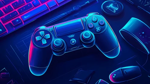 Neon gaming peripherals arranged on dark surface