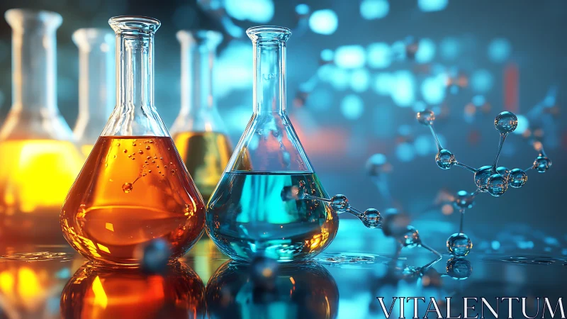Colorful laboratory flasks with chemical liquids and models.