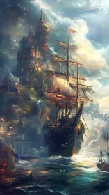 Atmospheric tall ship approaching vertically tiered cliff citadel.