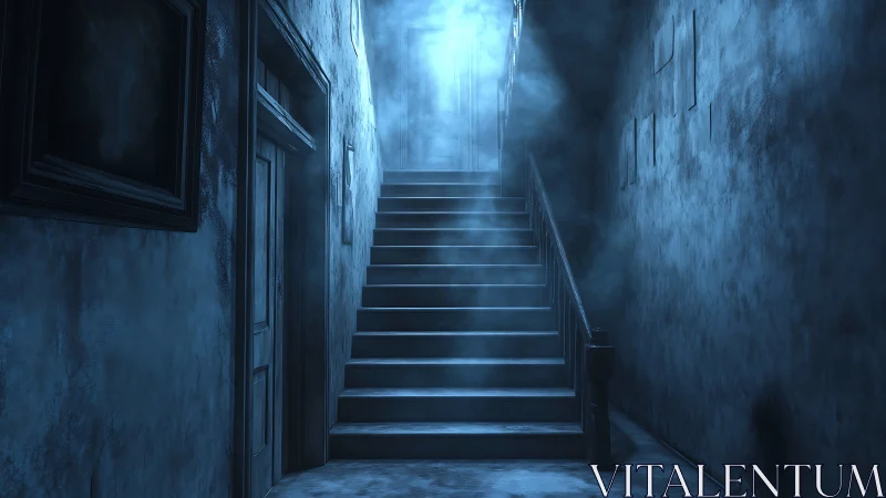 Dim corridor staircase rises into harsh blue backlight