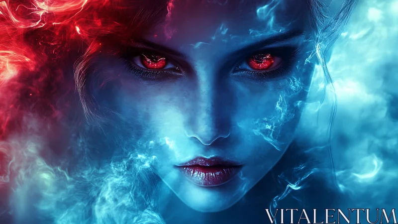 Mystical fire and ice sorceress with glowing crimson gaze.