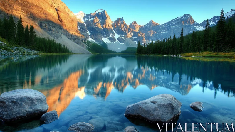 Golden sunrise mountains reflect in a crystal alpine lake