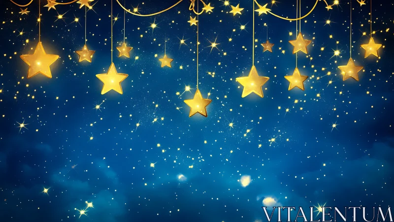 Golden hanging stars glow softly in a dreamy midnight sky
