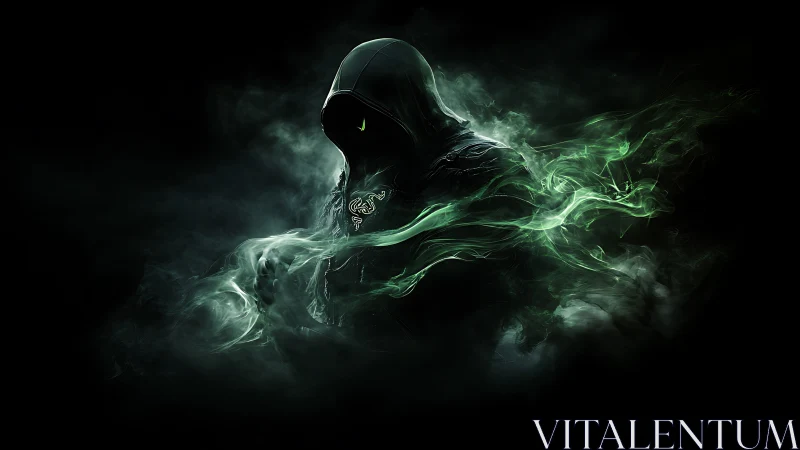 Hooded dark figure surrounded by swirling green smoke.