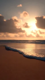Low-angle shoreline view with sunset sky and soft waves.